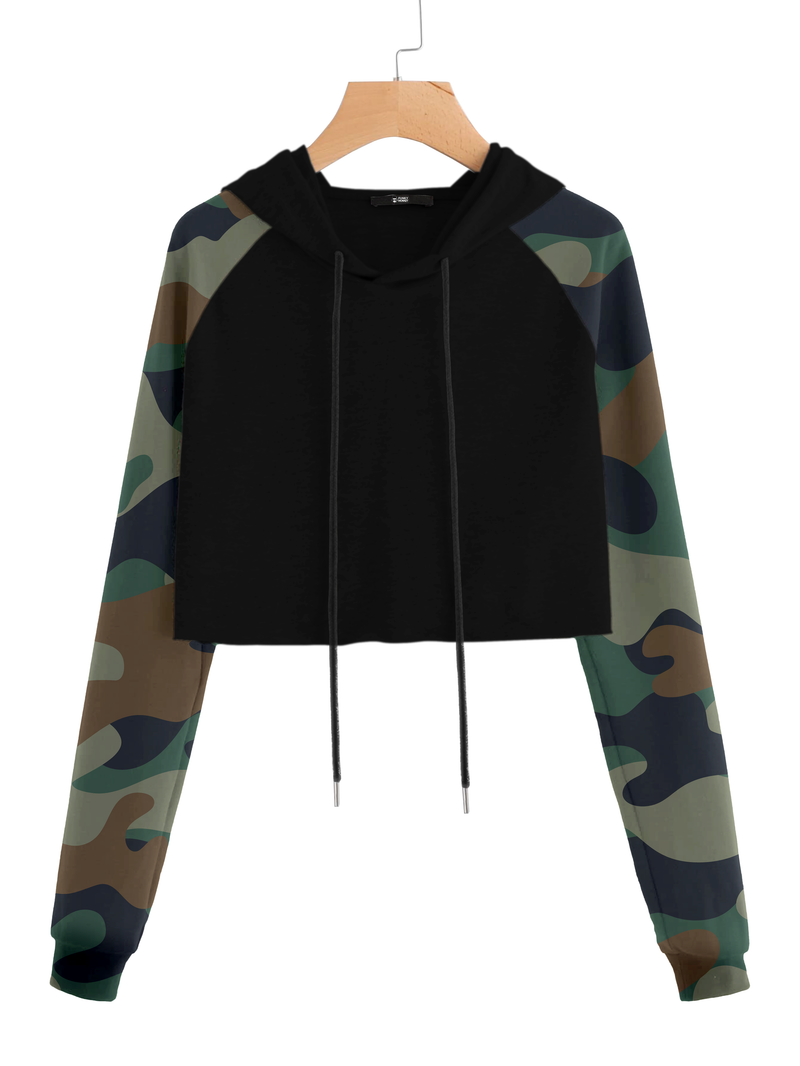 Women's Cotton Blend Regular Raglan Camouflage Cropped Hooded Neck Sweatshirt for Both Winter & Summer Wear